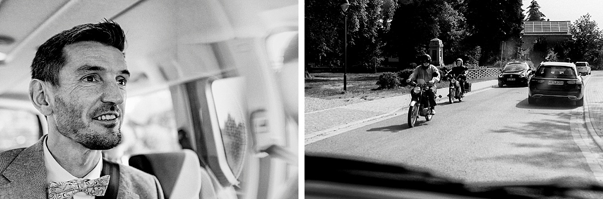 bräutigam hochzeit hochzeitsfotograf harz hochzeitsreportage schwarzweiß bnw auto moped