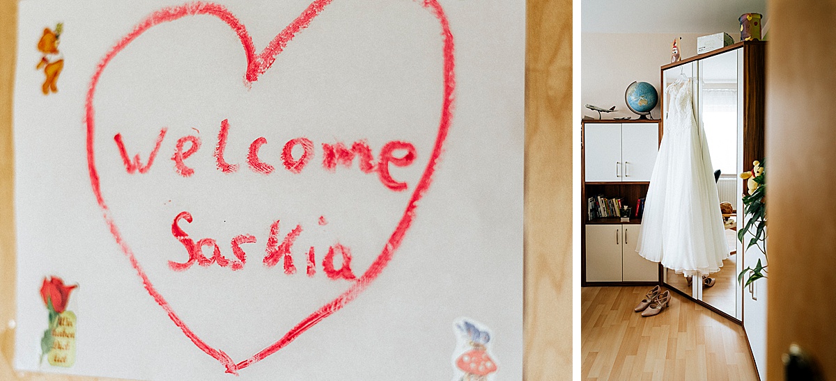 welcome, kinderzimmer, hochzeitsreportage, hochzeit brautkleid