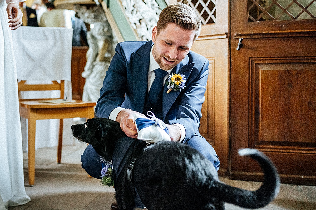 Bräutigam, hund, ringe, hochzeit auf dem flusshof, hochzeitsfotograf altmark