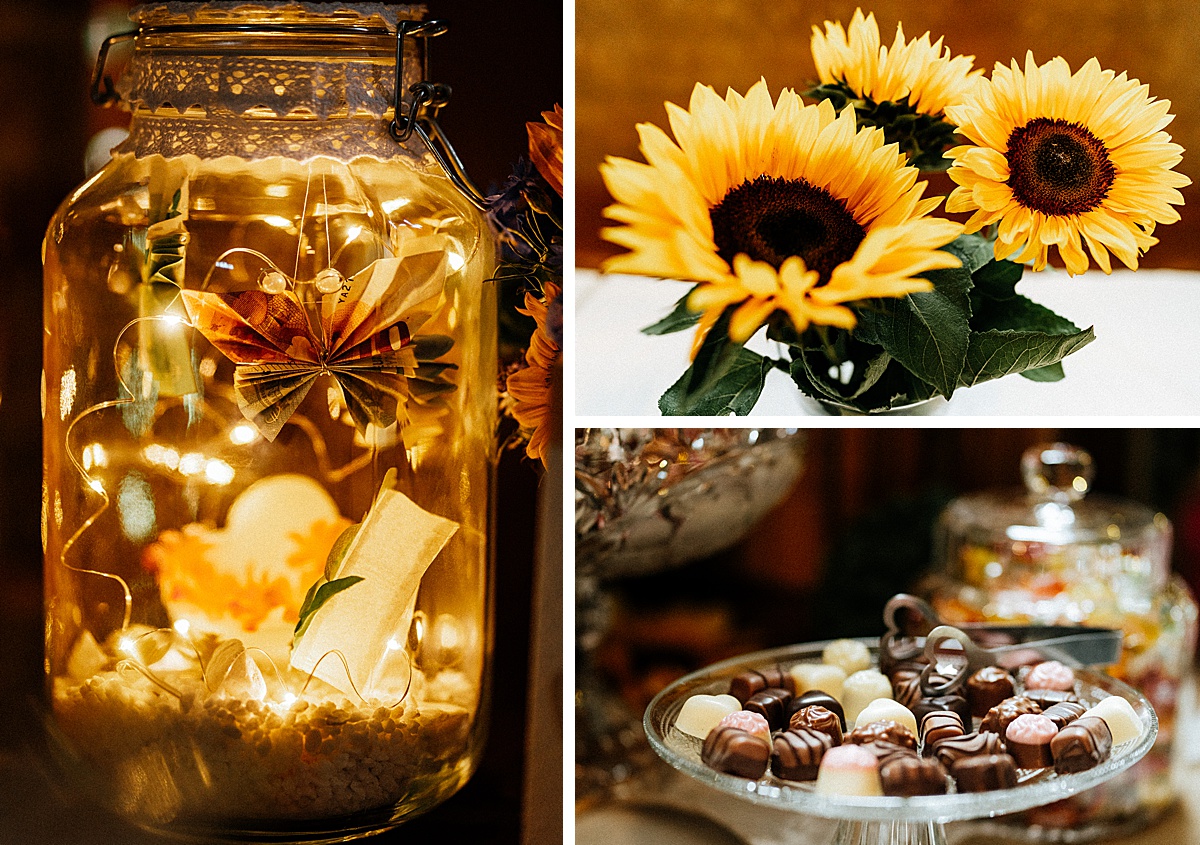 hochzeitsdeko, licht, sunflowers, Sonnenblumen, sweets